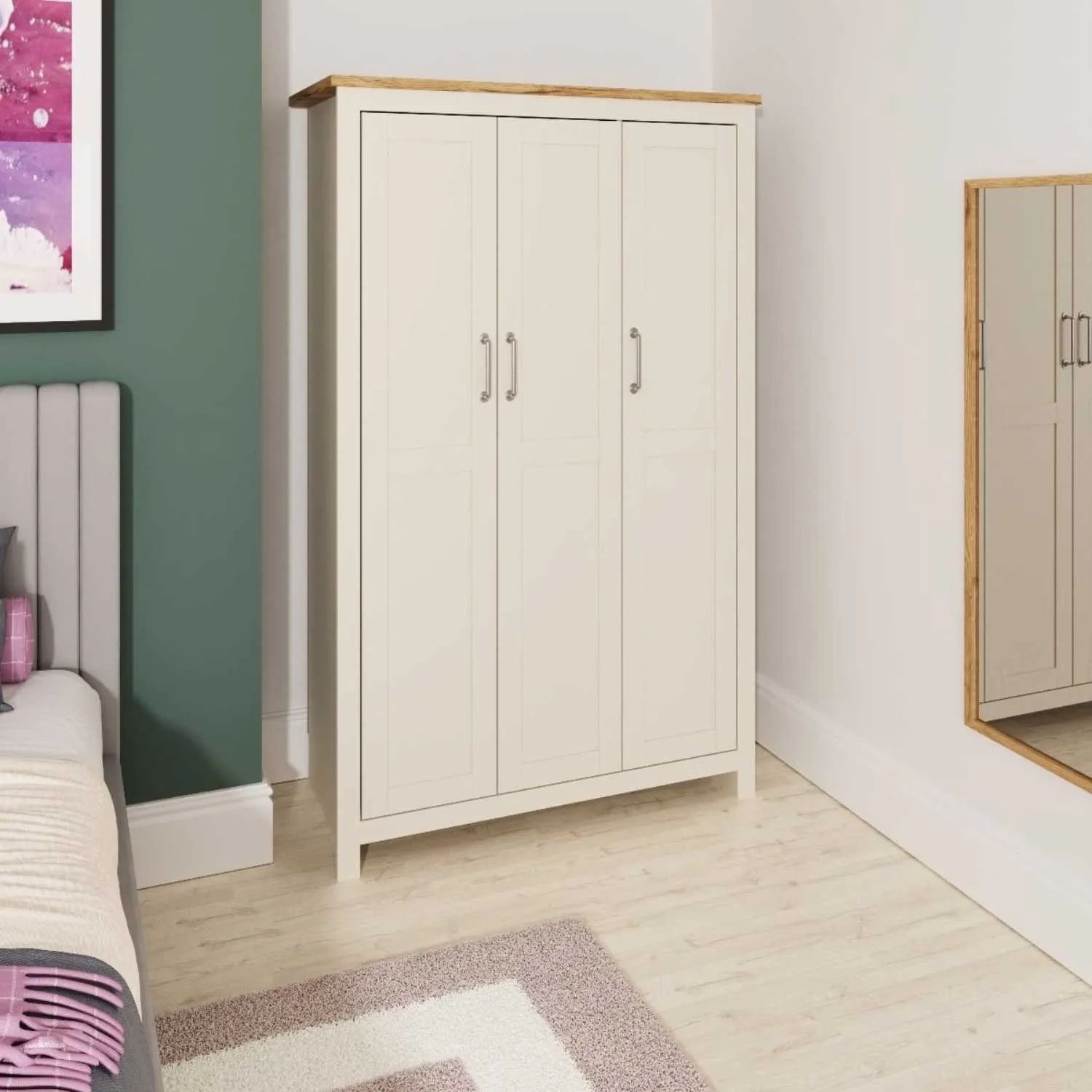 Cream Wooden 3 Door Triple Wardrobe 181cm Tall Oak Effect Top – Ellis Home  Interiors In Cream Triple Wardrobes (View 14 of 15)