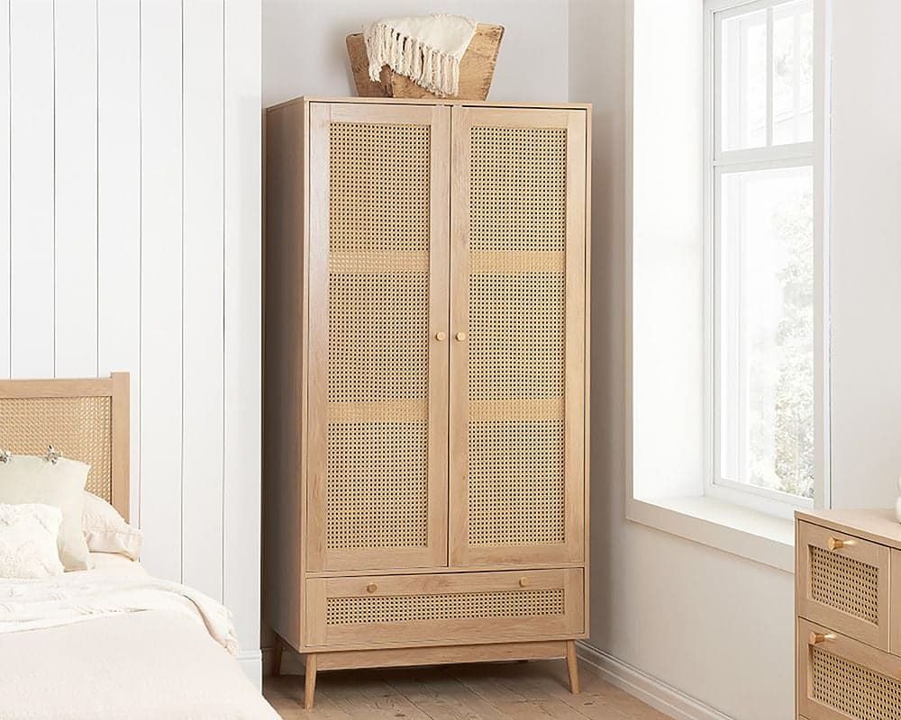 Croxley Oak 2 Door 1 Drawer Rattan Wardrobe | Happy Beds Intended For White Rattan Wardrobes (View 5 of 15)