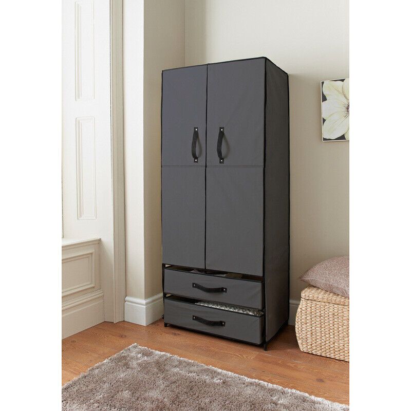 Deluxe Double Canvas Clothes Shoes Wardrobe Storage With Opening Door –  Charcoal | Ebay Intended For Double Canvas Wardrobes (View 3 of 15)