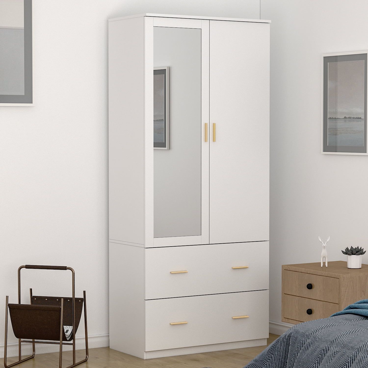 Didugo Armoire Wardrobe Closet With Mirror Doors And Hanging Rod For  Bedroom White – Walmart Throughout Single White Wardrobes With Mirror (View 14 of 15)