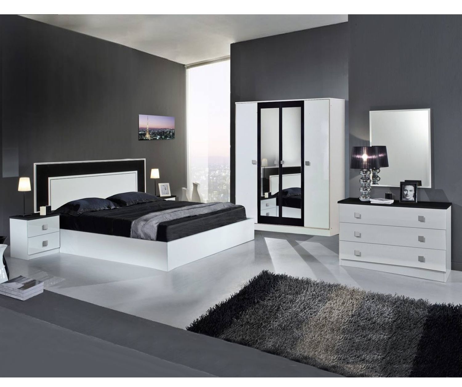 Dima Mobili Amal White And Black Bedroom Set With 4 Door Wardrobe Pertaining To Black And White Wardrobes Set (View 5 of 15)