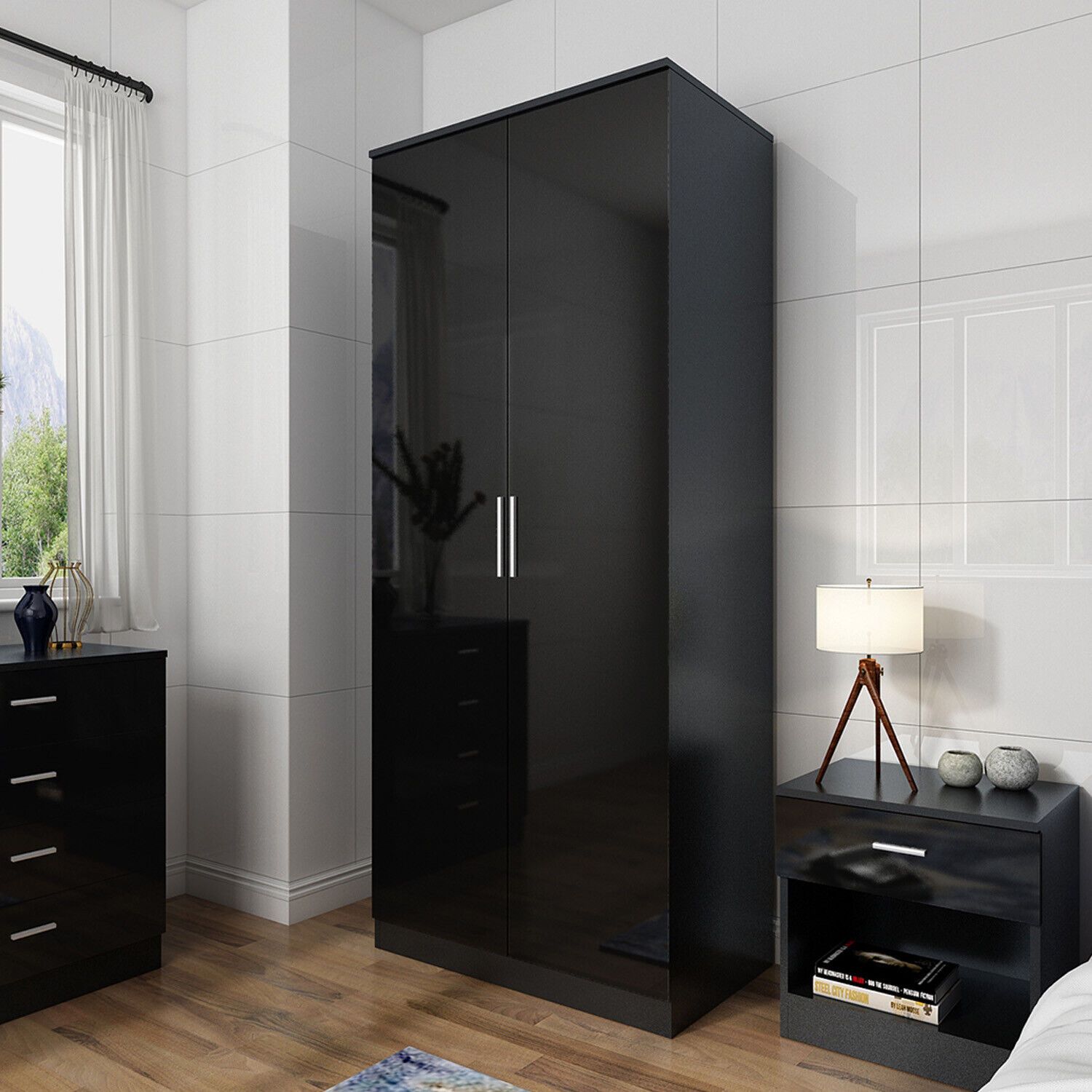 Doube Wardrobe Storage Shelf High Gloss Black Hanging Rail Furniture  Cupboard | Ebay Intended For Black Shiny Wardrobes (View 4 of 15)