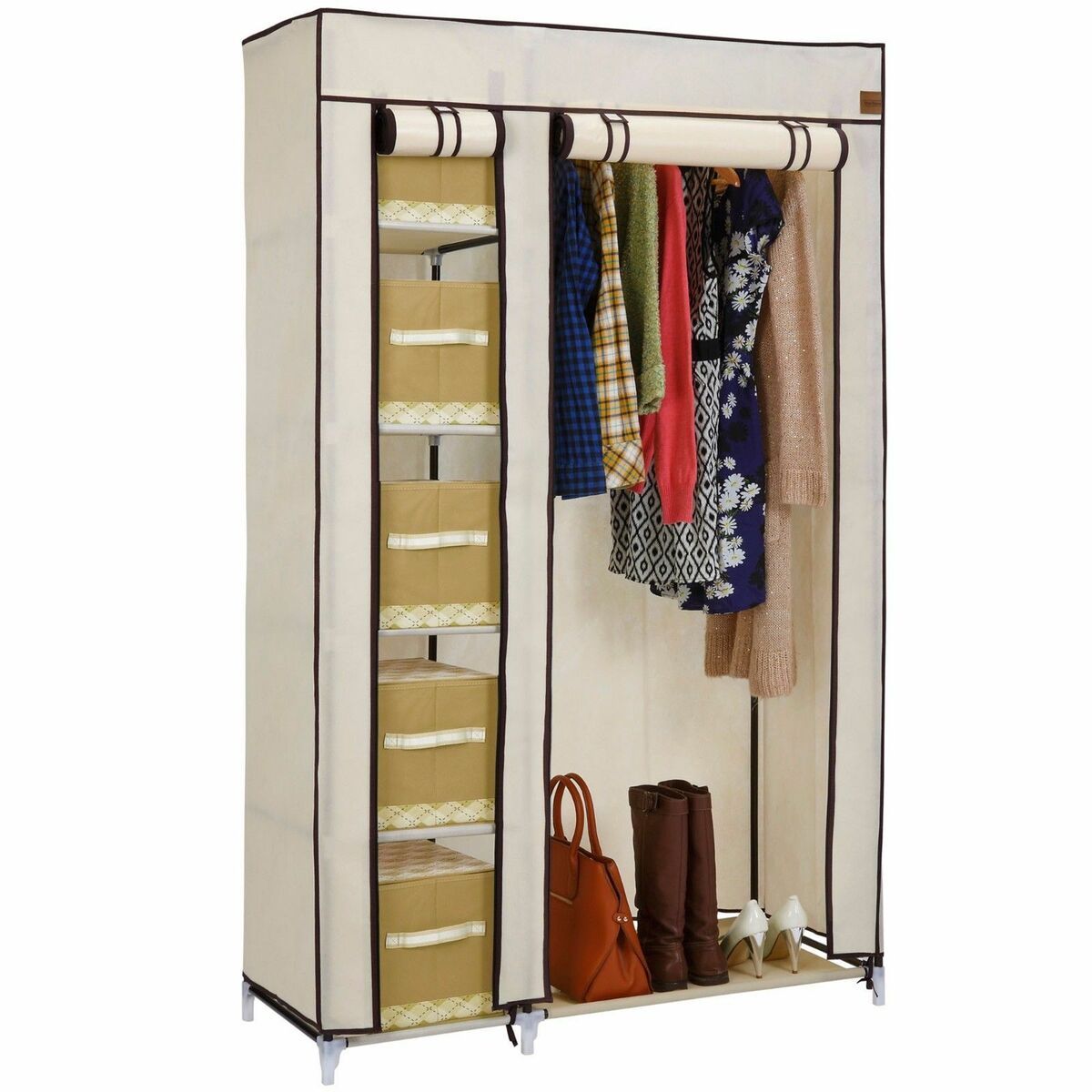Double Canvas Wardrobe Clothes Rack Hanging Rail Storage Shelves Cupboard  Beige | Ebay Within Double Rail Canvas Wardrobes (View 2 of 15)