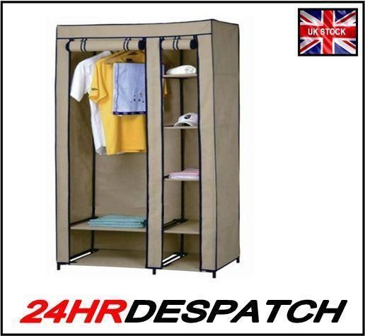Double Canvas Wardrobe Clothes Rail Hanging Storage Cupboard Shelves Beige  – Laptronix Throughout Double Canvas Wardrobes Rail Clothes Storage (Photo 13 of 15)