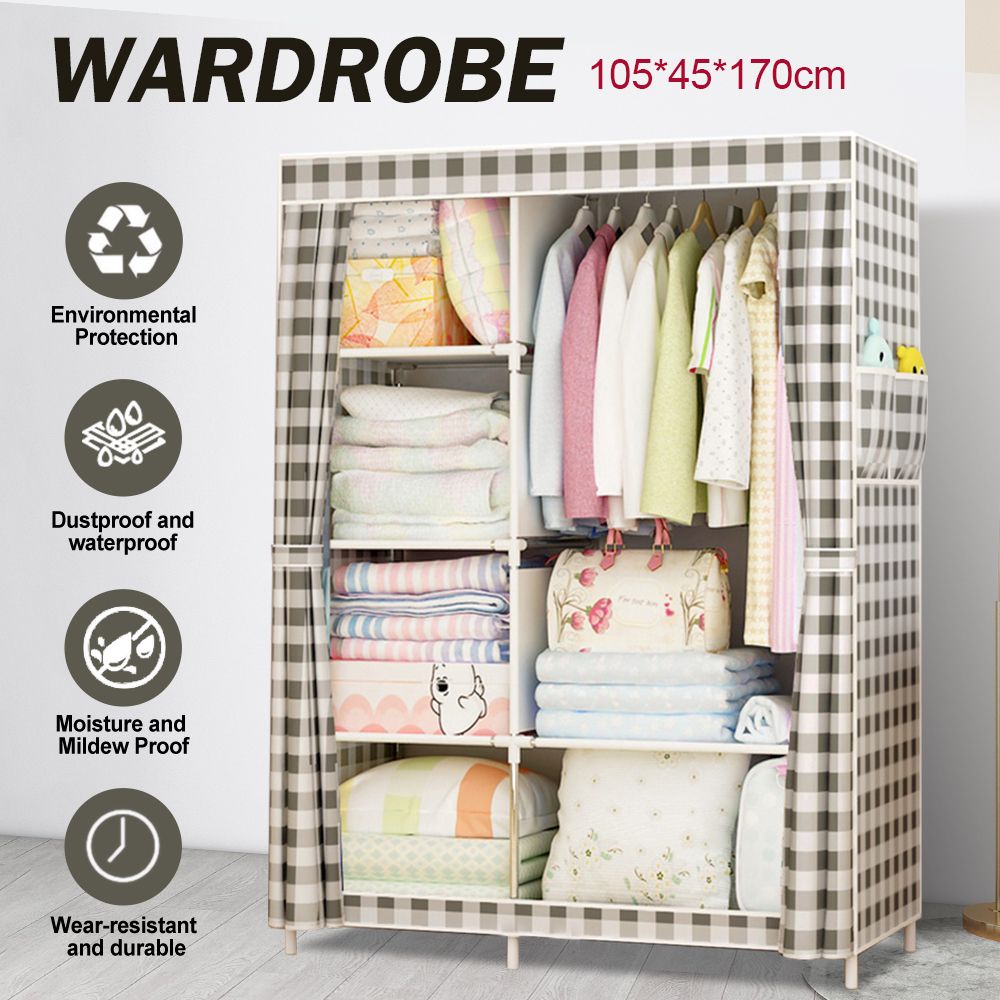 Double Fabric Canvas Wardrobe With Clothes Hanging Rail Storage Shelves  Cupboard | Ebay In Double Rail Canvas Wardrobes (View 10 of 15)