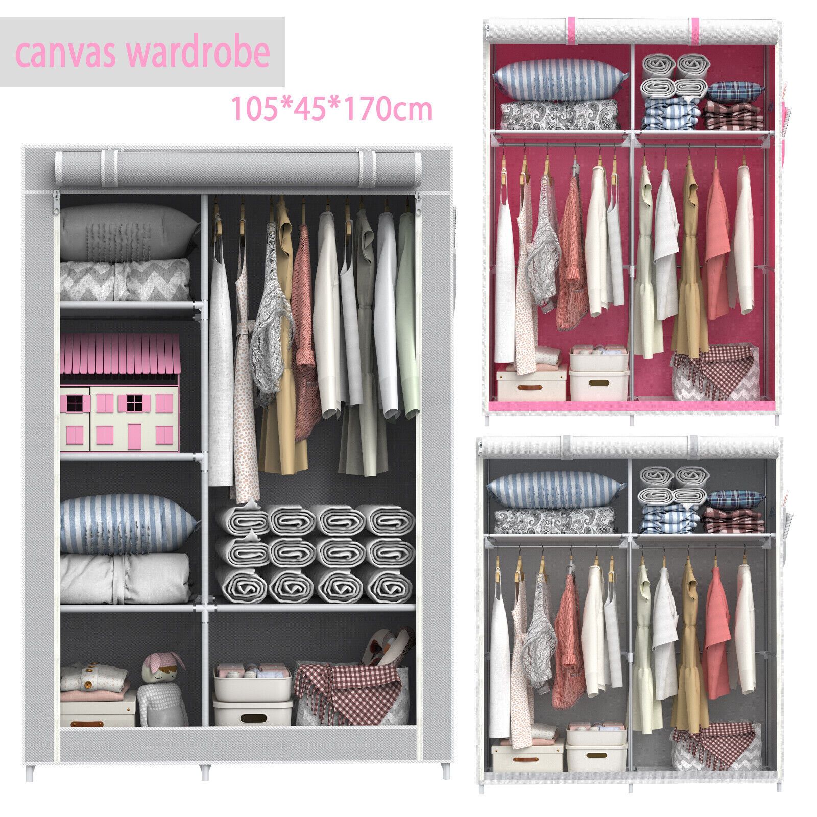 Double Fabric Canvas Wardrobe With Clothes Hanging Rail Storage Shelves  Cupboard | Ebay In Tall Double Hanging Rail Wardrobes (View 11 of 15)