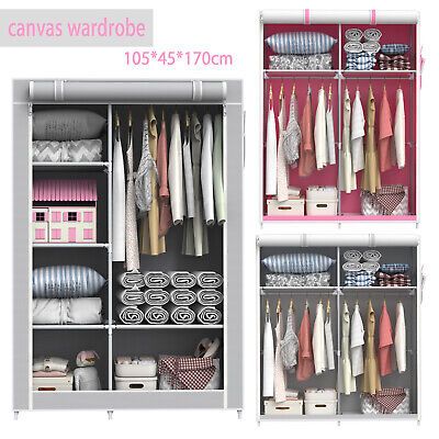 Double Fabric Canvas Wardrobe With Clothes Hanging Rail Storage Shelves  Cupboard | Ebay Intended For Double Hanging Rail Wardrobes (View 10 of 15)