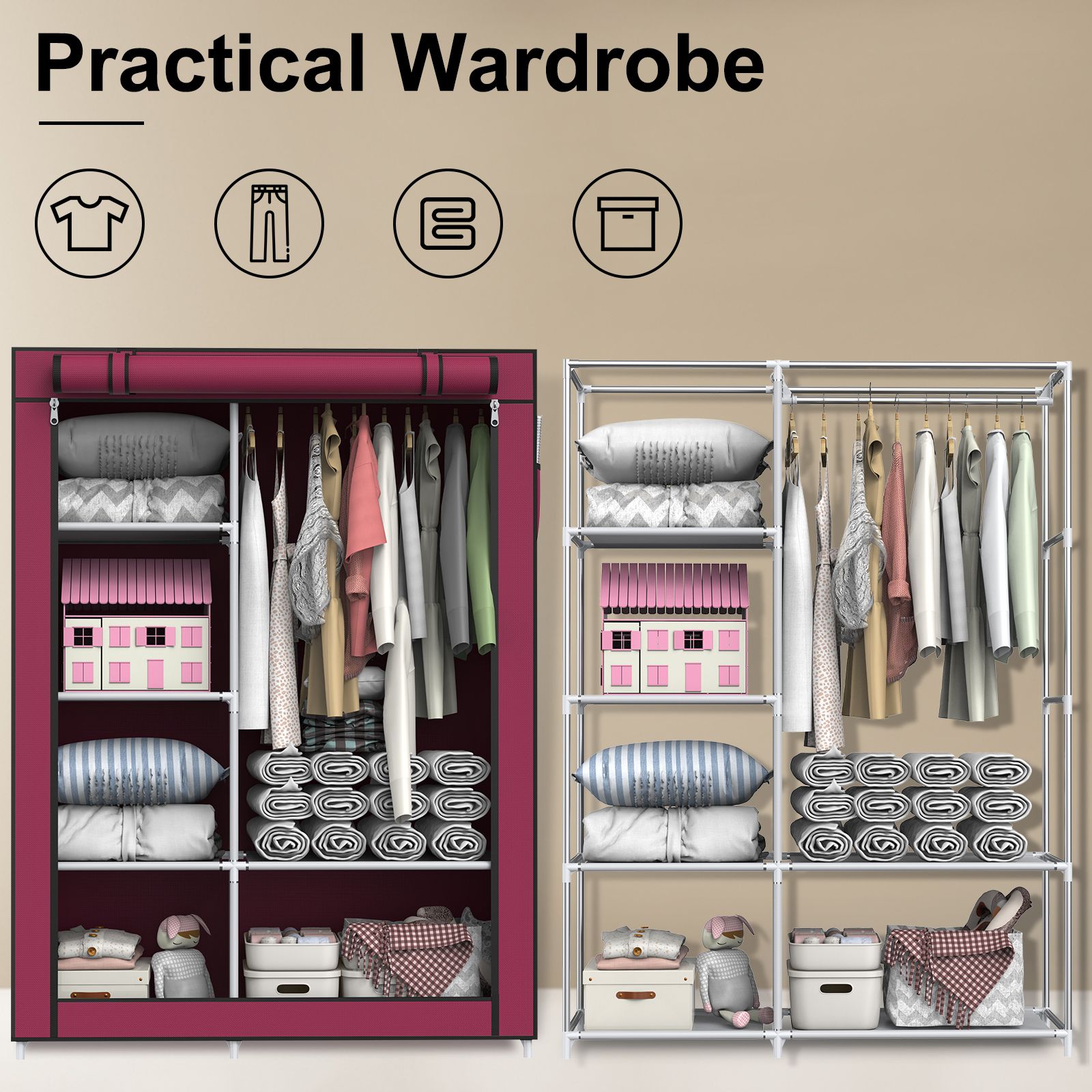 Double Fabric Canvas Wardrobe With Clothes Hanging Rail Storage Shelves  Cupboard | Ebay Within Double Canvas Wardrobes Rail Clothes Storage (View 9 of 15)