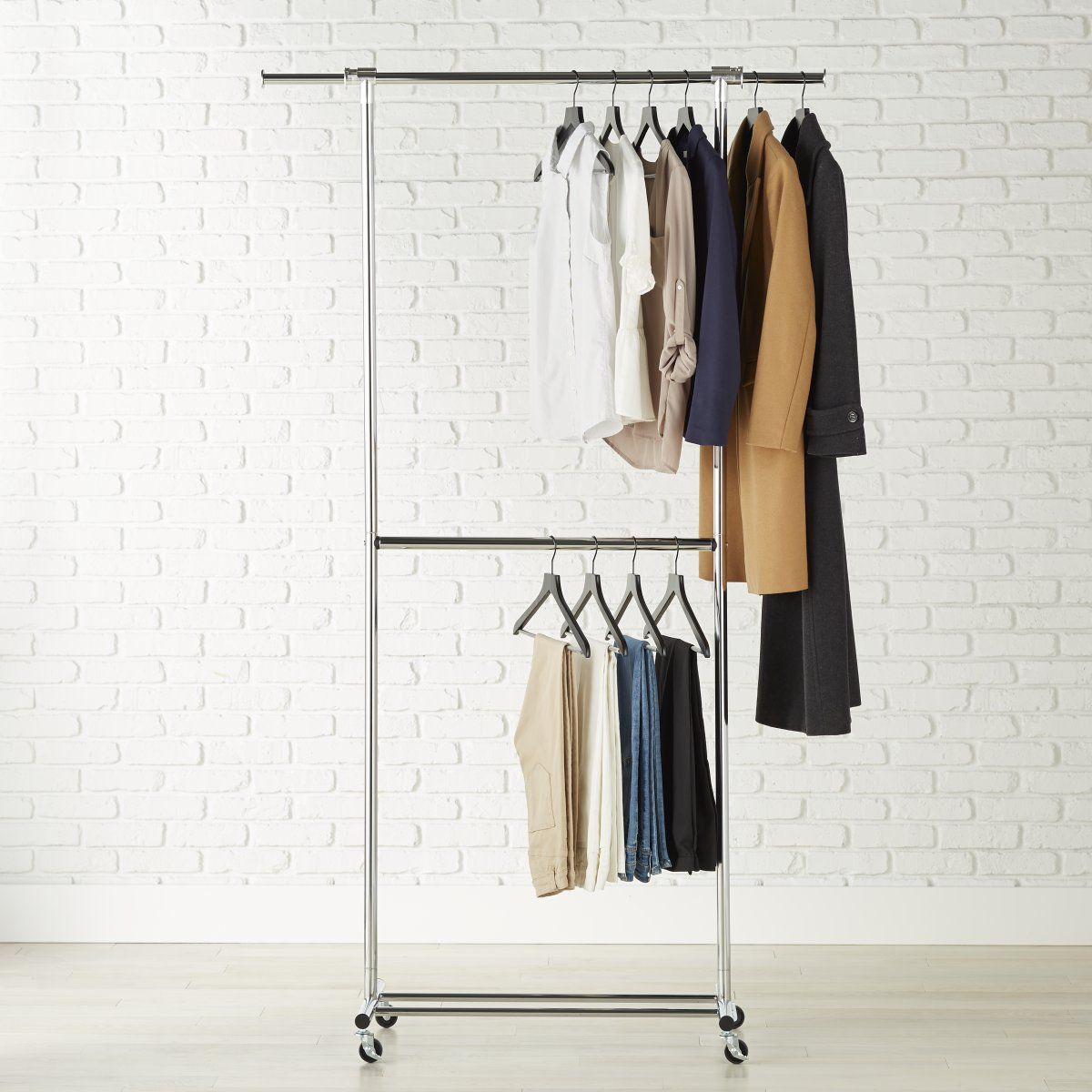 Double Hang Chrome Garment Rack | The Container Store With Double Clothes Rail Wardrobes (Photo 10 of 15)