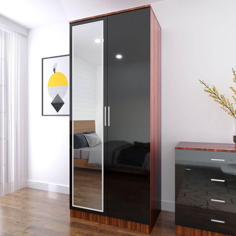 Elegant 2 Door Double Wardrobe In Black & Walnut Bedroom Furniture Robe  With Hanging Rail And Mirror For Double Rail Wardrobes With Drawers (Photo 13 of 15)