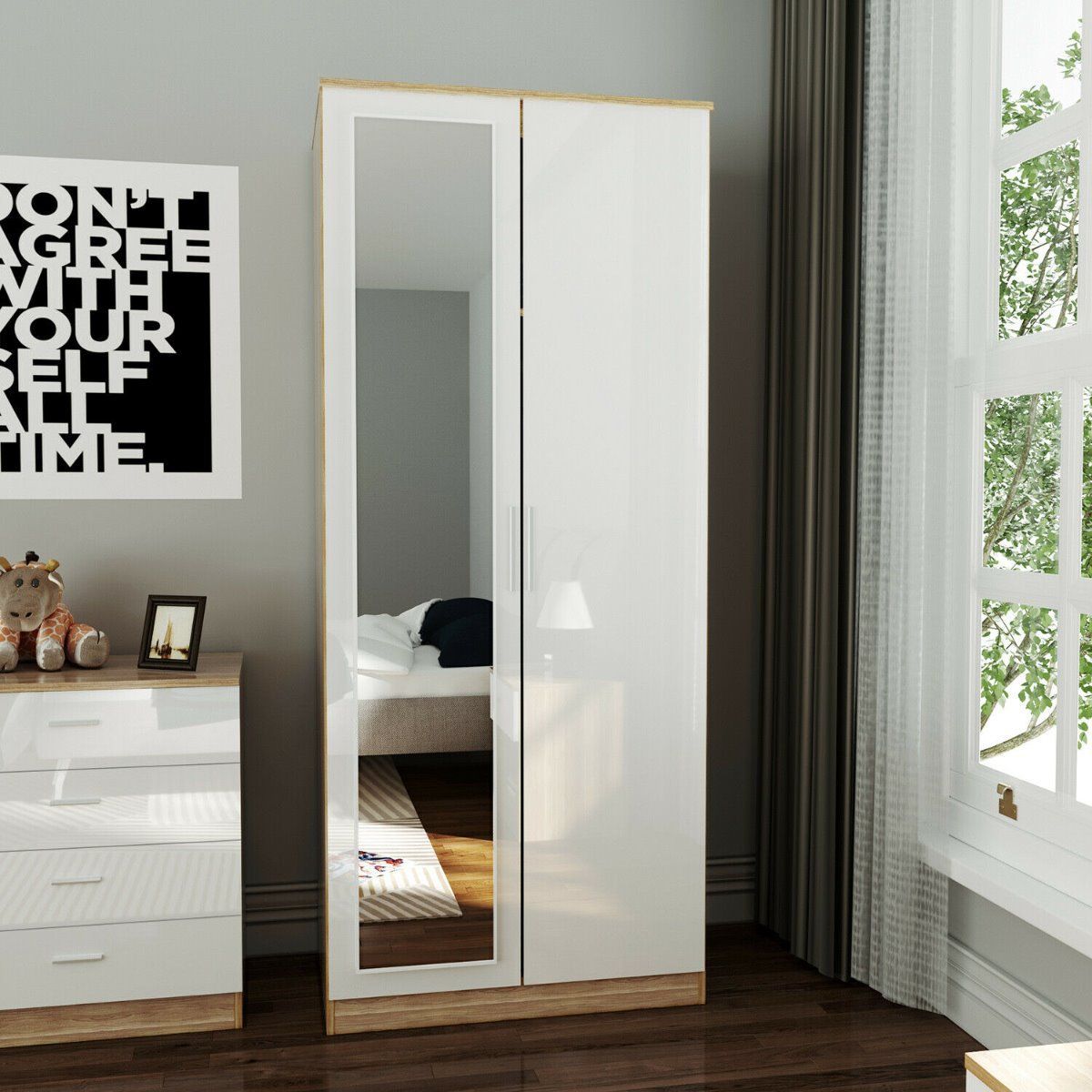 Elegant 2 Door Mirror Wardrobe In White And Oak Finish Soft Close Hinged  Doors With Regard To Single White Wardrobes With Drawers (Photo 11 of 15)
