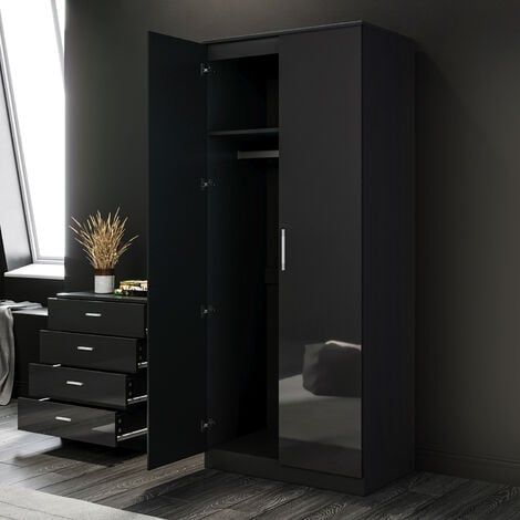 Elegant 2 Door Wardrobe, High Gloss (black) Aluminium Clothes Rail &  Storage Shelves Wooden Modern Bedroom Storage Furniture For High Gloss Black Wardrobes (Photo 4 of 15)