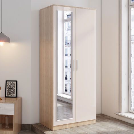 Elegant 2 Doors Wardrobe With Mirror, Soft Close Hinge Mirrored Wardrobe  Cabinet, High Gloss With Hanging Rod And Storage Shelves, Cream/oak Bedroom  Furniture Within Cream Gloss Wardrobes (View 8 of 15)