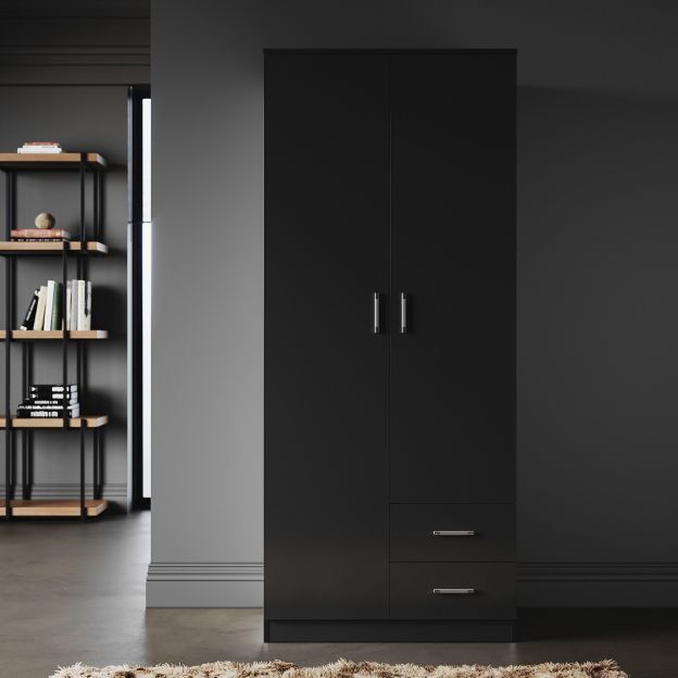 Elegant 2 Drawers 2 Doors Black Free Standing Wardrobe With Large Hanging  Space For 2 Door Wardrobes With Drawers And Shelves (Photo 1 of 15)