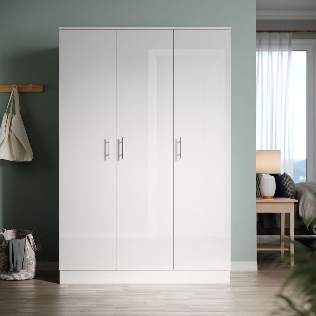 Elegant 3 Door Triple Wardrobe White Gloss With Hanging Rail & Shelves  Bedroom Furniture Pertaining To White Gloss Wardrobes (Photo 11 of 15)