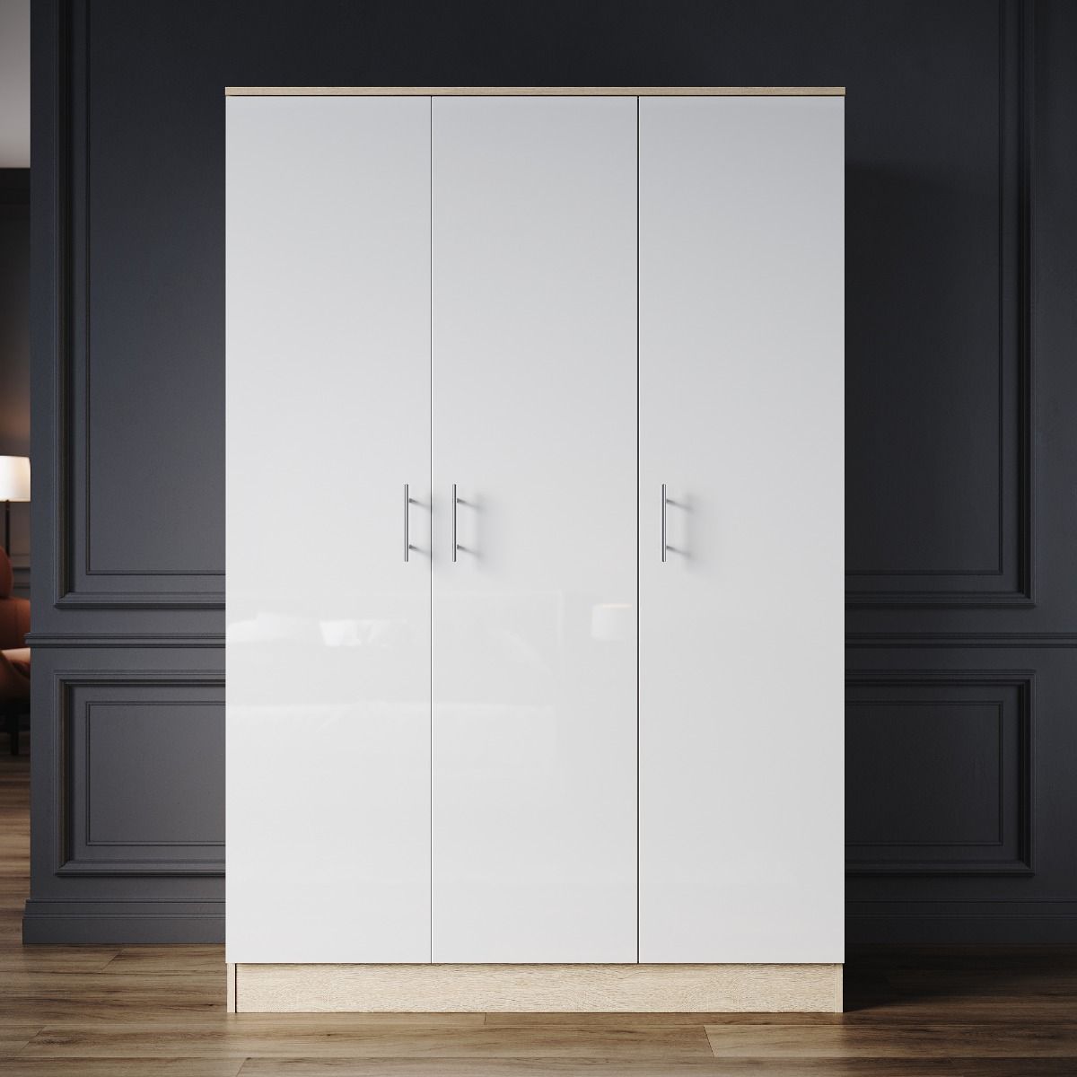 Elegant 3 Door Wardrobes High Gloss White Oak With Hanging Rail And Storage  Shelves Modern Clothes Cabinet Regarding White 3 Door Wardrobes (View 18 of 19)