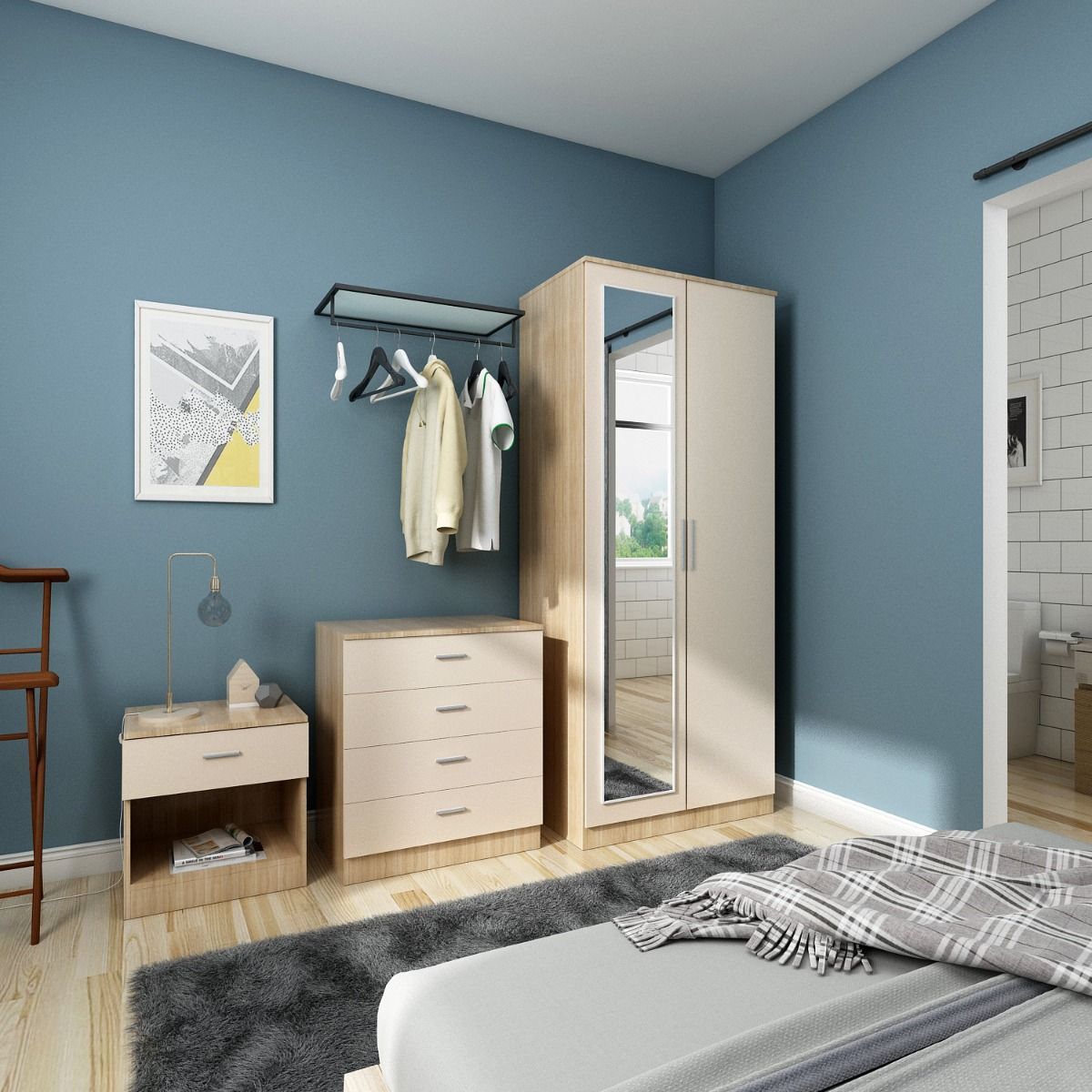 Elegant 3 Piece Modern High Gloss Mirror Wardrobe Cream And Oak Bedroom  Furniture Set Regarding Wardrobes Sets (View 13 of 15)