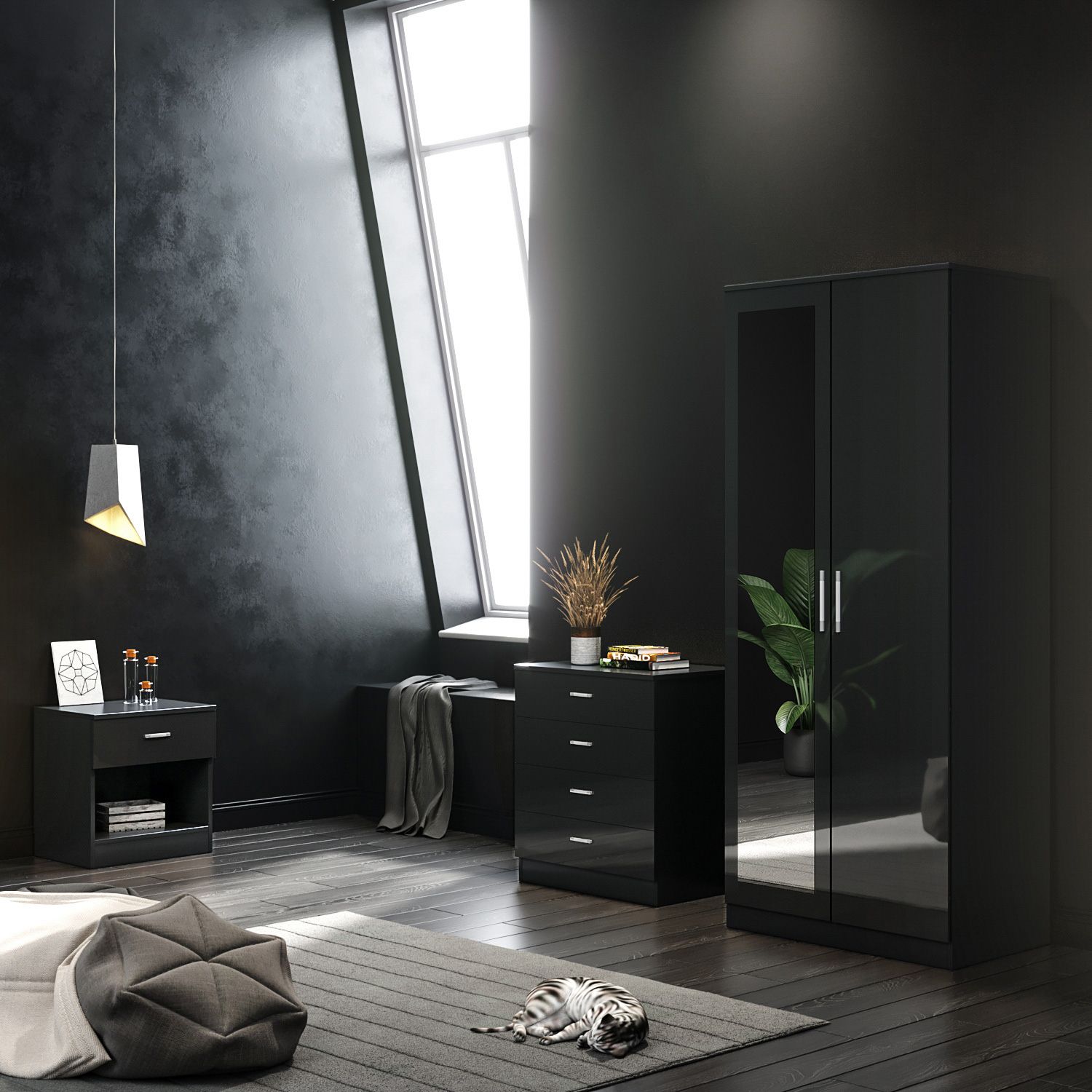 Elegant Bedroom Furniture Set 2 Doors Soft Close Wardrobe With Mirror +  Chest Of Drawer + Bedside Cabinet High Gloss,black,wooden With Regard To Black Shiny Wardrobes (Photo 9 of 15)