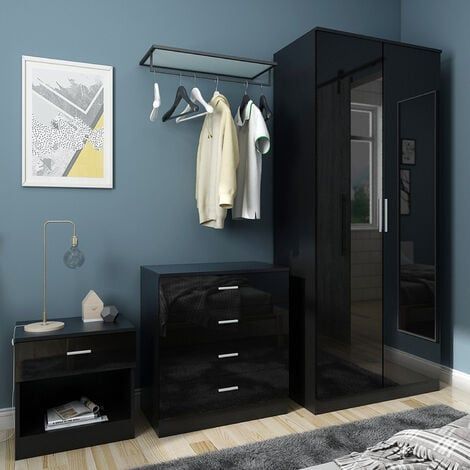Elegant Black/walnut Modern High Gloss Wardrobe And Cabinet Furniture Set  Bedroom 2 Doors Wardrobe And 4 Drawer Chest And Bedside Cabinet With Cheap Black Gloss Wardrobes (Photo 10 of 15)