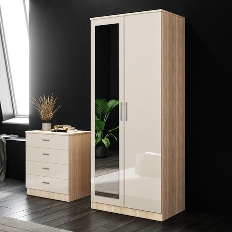 Elegant Soft Close 2 Door Wardrobe High Gloss With Mirror Cream/oak  1780x760x450mm Bedroom Furniture Intended For Cream Gloss Wardrobes (View 15 of 15)