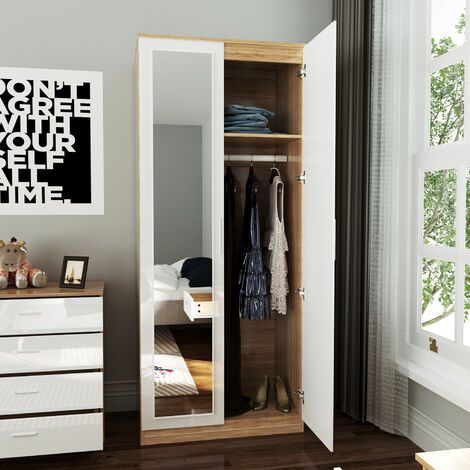 Elegant Soft Close 2 Doors Wardrobe With Mirror And Metal Handles Includes  A Removable Hanging Rod With Regard To White Gloss Mirrored Wardrobes (View 10 of 15)