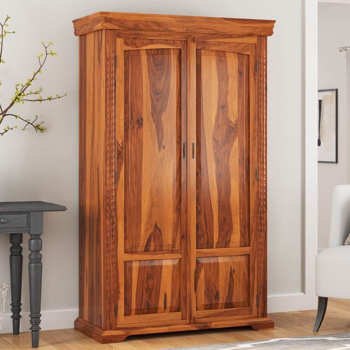 Empire Bedroom Transitional Solid Wood Large Armoire Wardrobe With Shelves In Large Wooden Wardrobes (View 5 of 15)