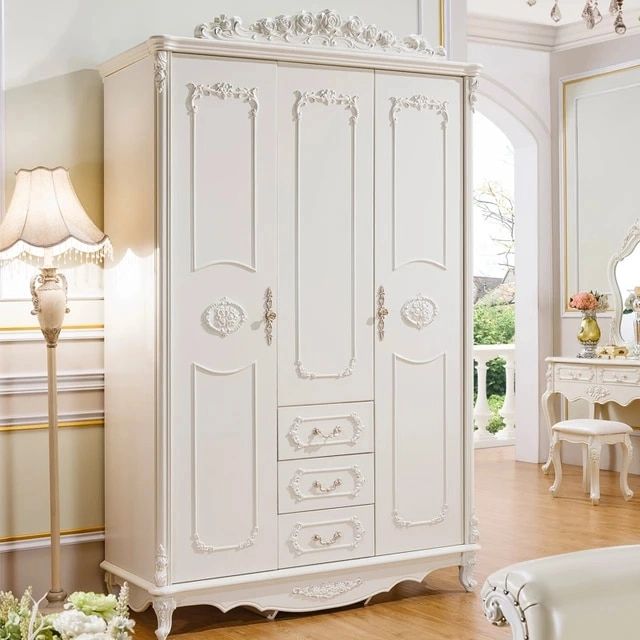 European Style Three Door Wardrobe Ivory White Sliding Door Vertical  Cabinet French Pastoral Wardrobe Simple Bedroom Furniture – Wardrobes –  Aliexpress Within White Three Door Wardrobes (Photo 10 of 15)