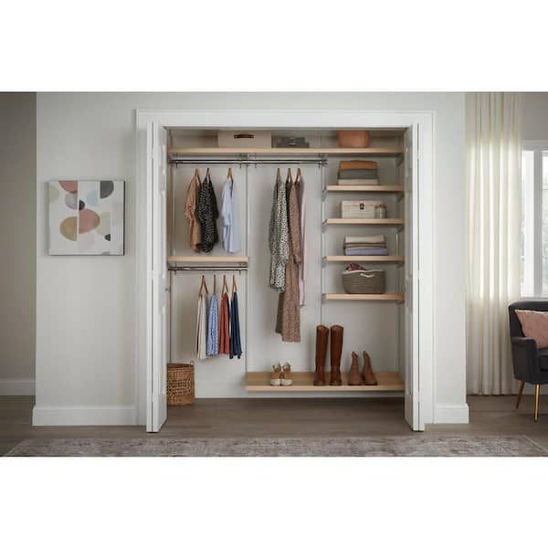 Everbilt Genevieve 6 Ft. Birch Adjustable Closet Organizer Double And Long  Hanging Rods With Shoe Rack And 5 Shelves 90761 – The Home Depot Pertaining To Tall Double Rail Wardrobes (Photo 6 of 15)