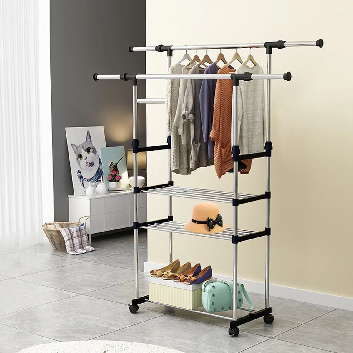 Extendable Clothing Garment Rack Rolling Clothes Organizer Double Rails  Hanging | Ebay Intended For Double Up Wardrobes Rails (Photo 12 of 15)