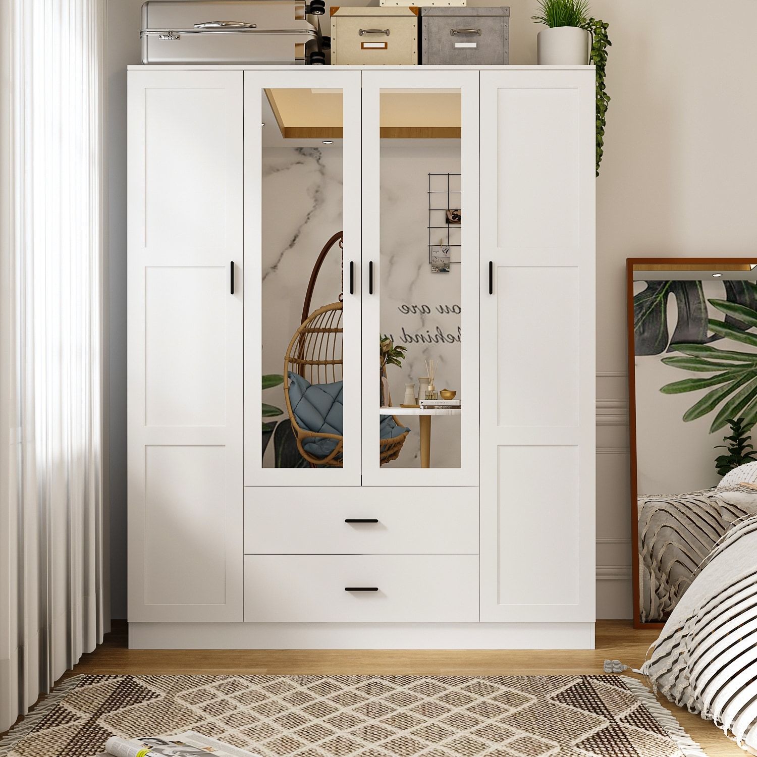 Famapy 62.9"x78.7" Armoire Wardrobes With Mirror Doors Closet Hanging – On  Sale – Bed Bath & Beyond – 36719779 Within White Three Door Wardrobes (Photo 15 of 15)