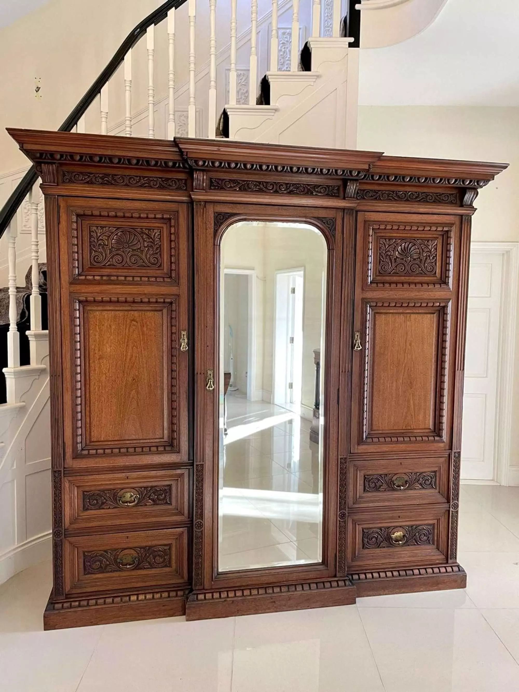 Fantastic Quality Antique Victorian Carved Walnut Breakfront Wardrobe In  Antique Wardrobes & Armoires Regarding Victorian Breakfront Wardrobes (View 12 of 15)