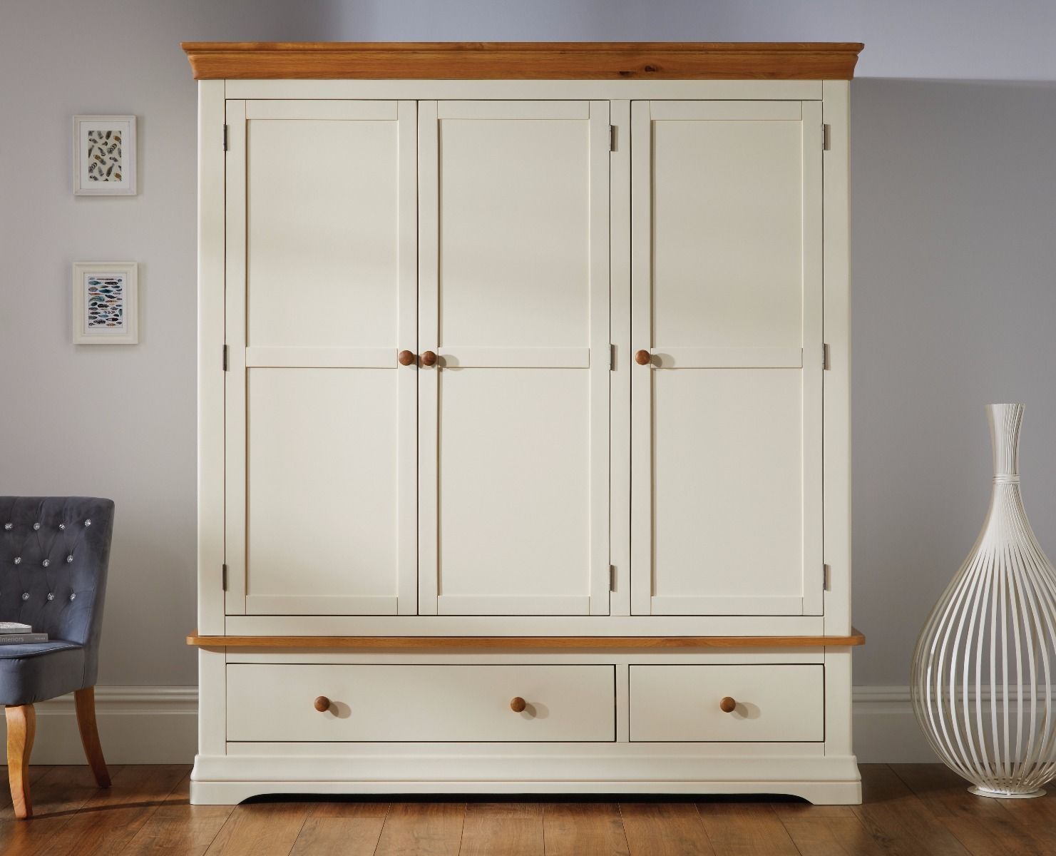 Farmhouse Cream Painted Triple Oak Wardrobe – Free Delivery | Top Furniture Inside Painted Triple Wardrobes (View 14 of 15)