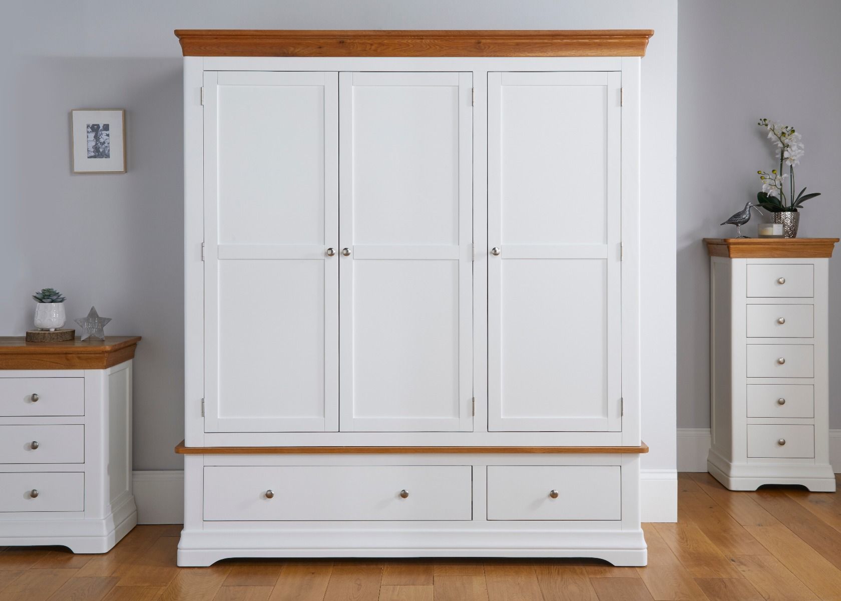 Farmhouse White Painted 3 Door Triple Oak Wardrobe – Free Delivery | Top  Furniture Intended For 3 Door White Wardrobes With Drawers (View 4 of 15)