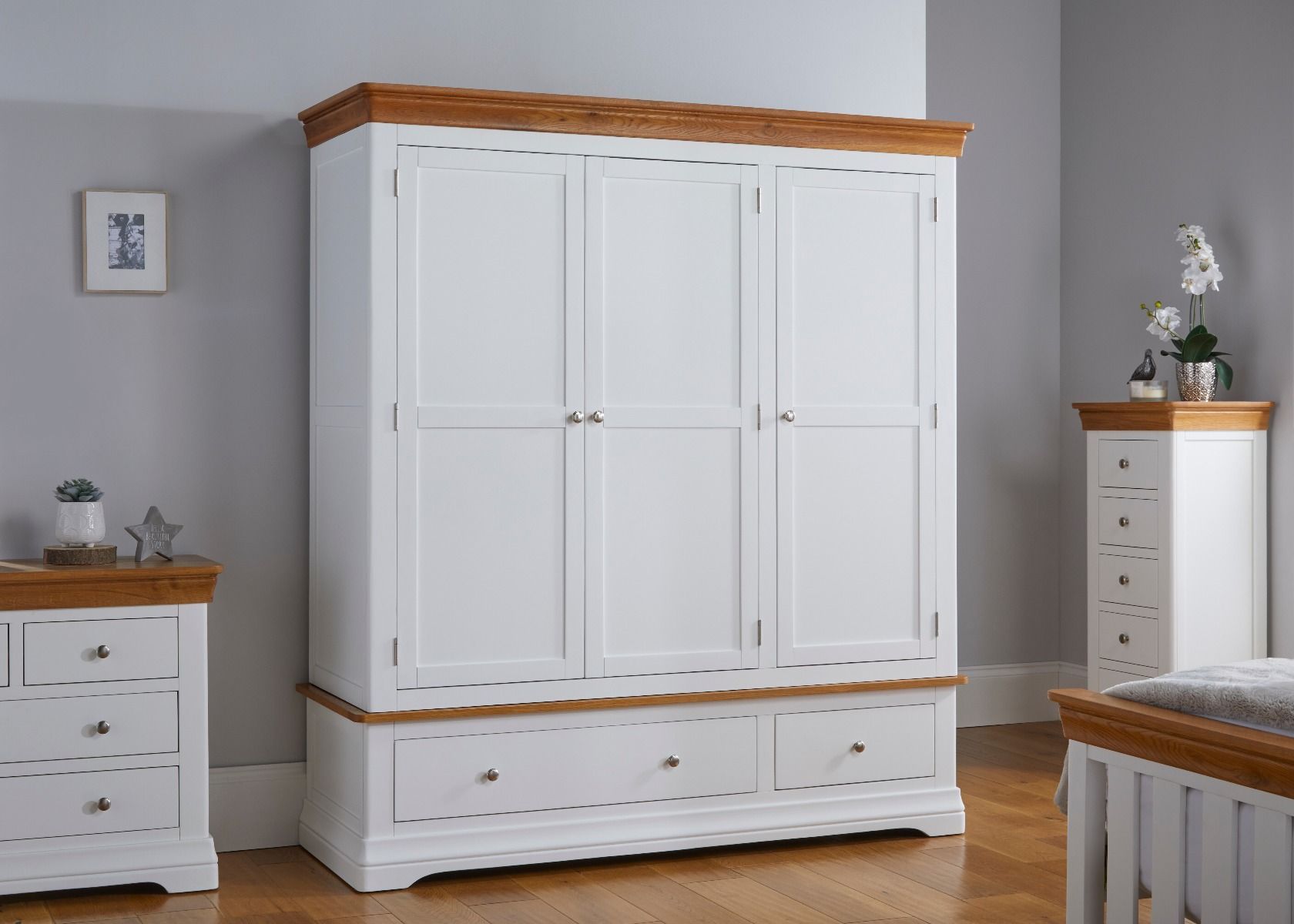 Farmhouse White Painted 3 Door Triple Oak Wardrobe – Free Delivery | Top  Furniture Regarding White 3 Door Wardrobes (View 9 of 19)