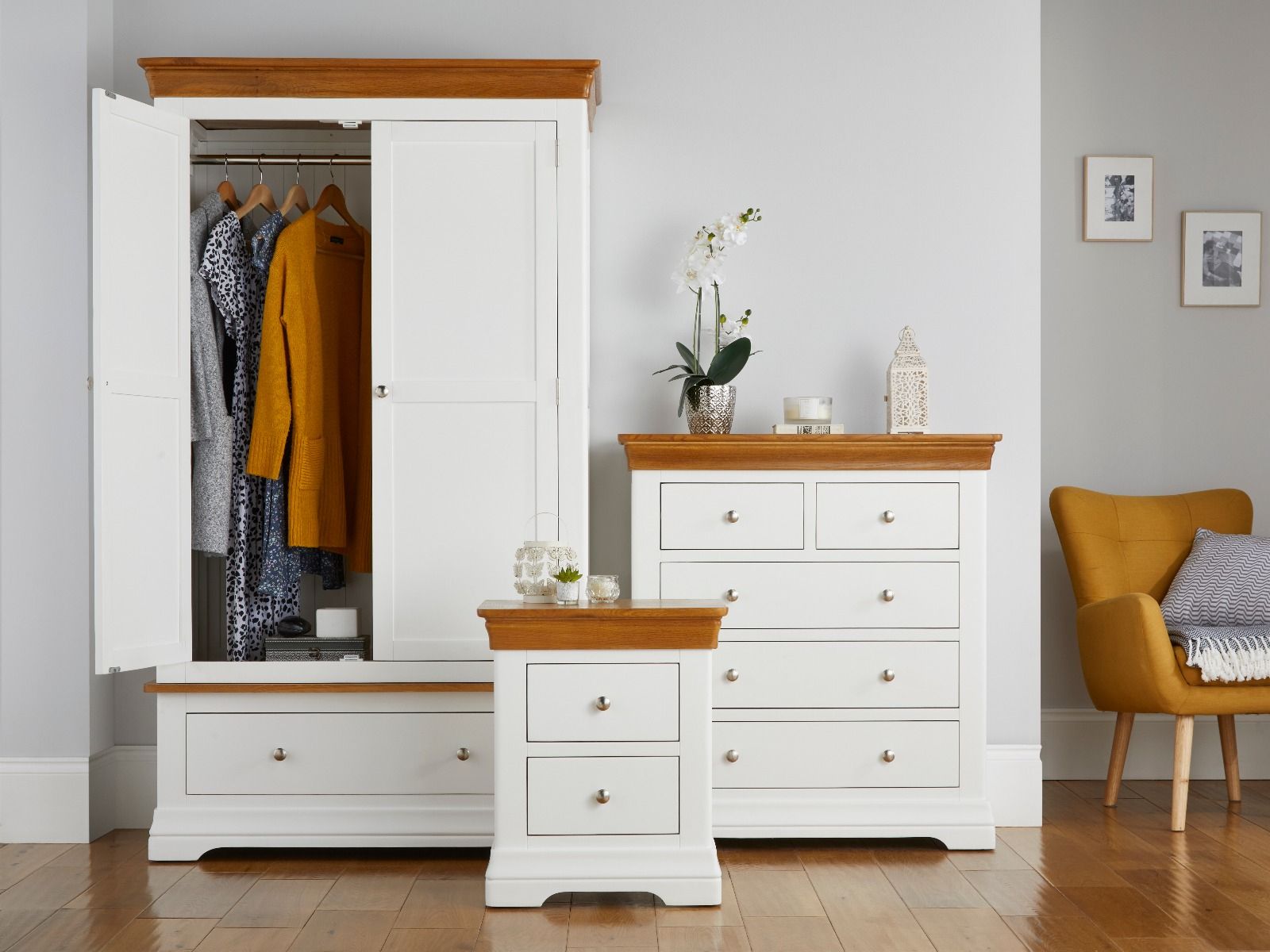 Farmhouse White Painted Oak Bedroom Set, Wardrobe, Chest Of Drawers And  Bedside Table Inside Cheap White Wardrobes Sets (View 4 of 15)