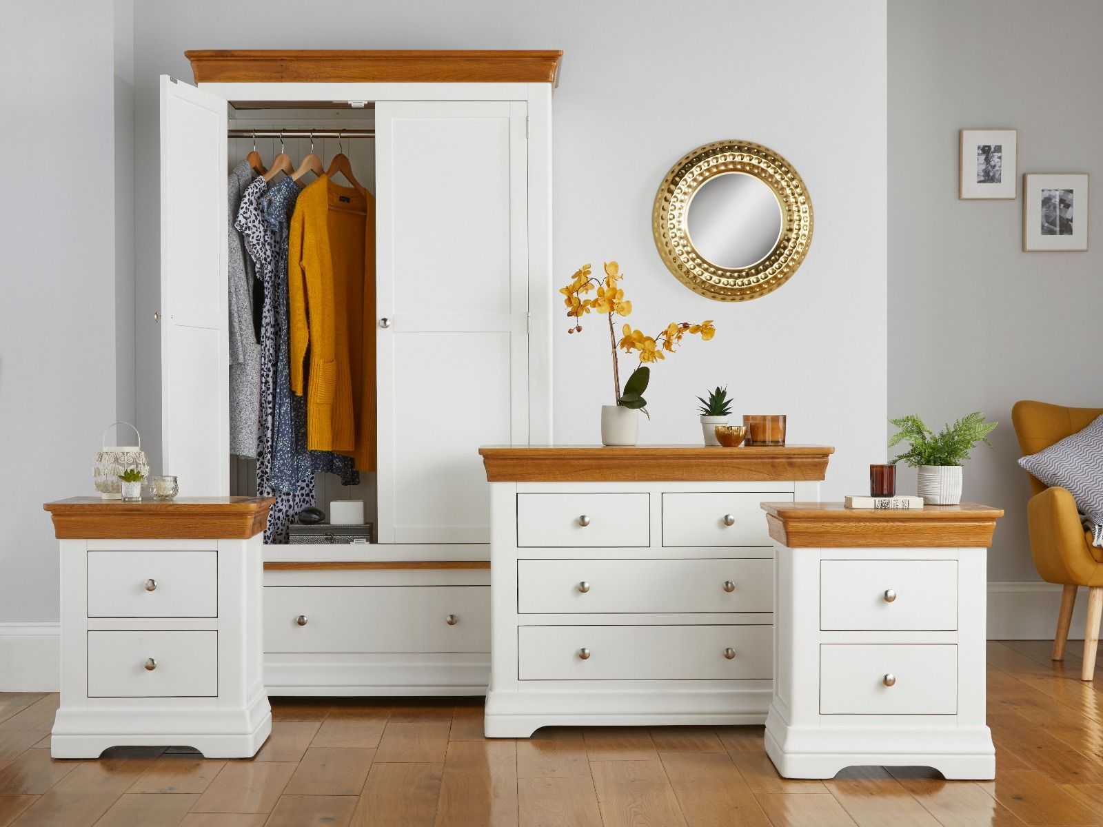 Farmhouse White Painted Oak Bedroom Set, Wardrobe, Chest Of Drawers And  Pair Of Bedside Tables With Regard To Cheap White Wardrobes Sets (Photo 3 of 15)