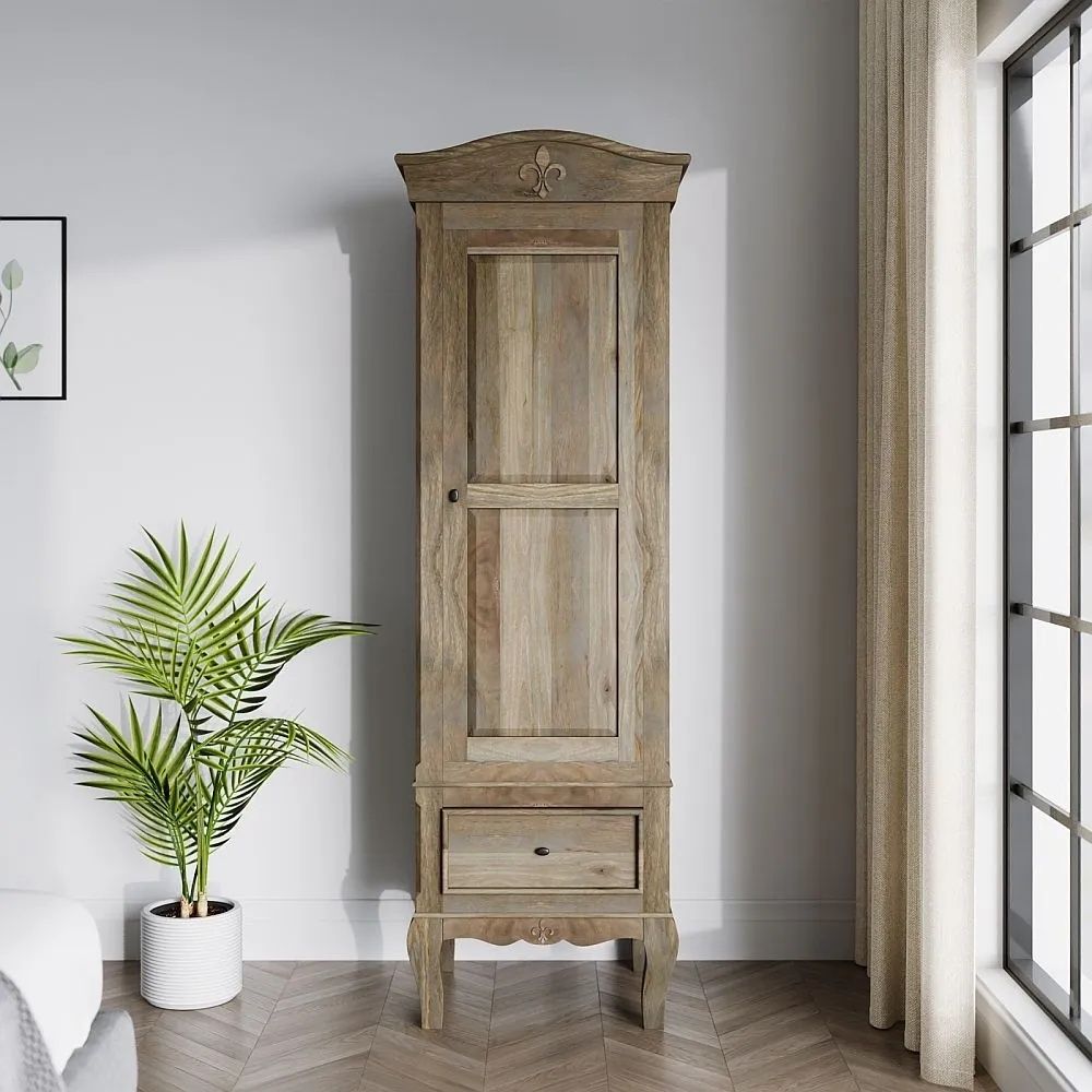 Fleur French Style Washed Grey 1 Door Wardrobe – Made In Solid Rustic Mango  Wood – Cfs Furniture Uk With Regard To French Wardrobes (Photo 14 of 15)
