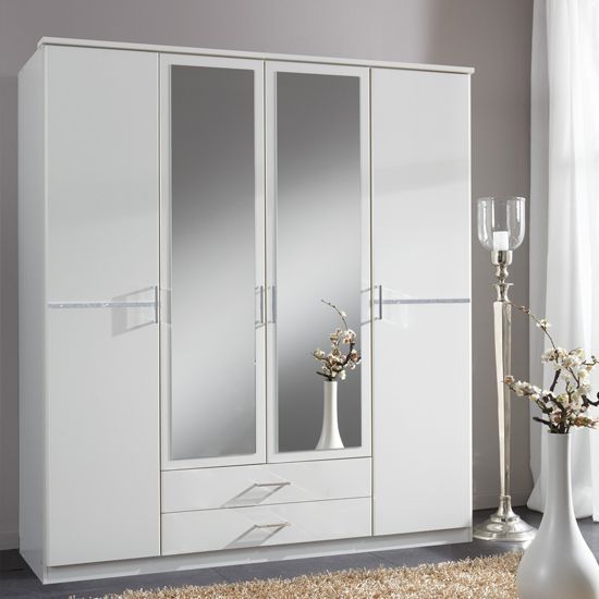Florence White Wardrobe With Diamante 4 Door 2 Drawer 2 Mirrors | Bedroom  Furniture Brands, Mirrored Wardrobe Doors, Mirrored Wardrobe Regarding White Wardrobes With Drawers And Mirror (View 12 of 15)