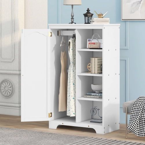 Freestanding Cabinet, Wood Wardrobes With 1 Door And 4 Open Shelves,  Bathroom Floor Cabinet Wooden, Bedroom Dorm Storage Chest, Side Cabinet  Storage Organizer With Clothes Rail For Living Room, White – Walmart Regarding White Wood Wardrobes With Drawers (View 11 of 15)