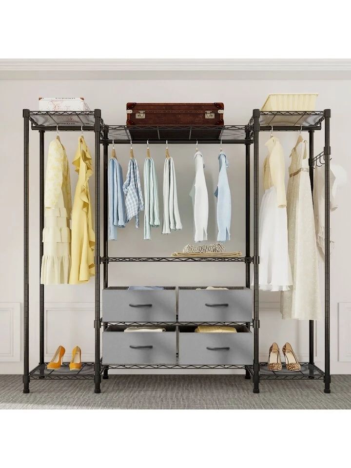 Freestanding Closet Wardrobe,wire Garment Rack Heavy Duty Clothes Rack, Closet Organizer Metal Garment Rack Portable Clothes Hanger Home Shelf (3  Rows Of Hanging Bar Plus 7 Layers Of Shelves With 1 Row Of Intended For Wire Garment Rack Wardrobes (Photo 7 of 15)