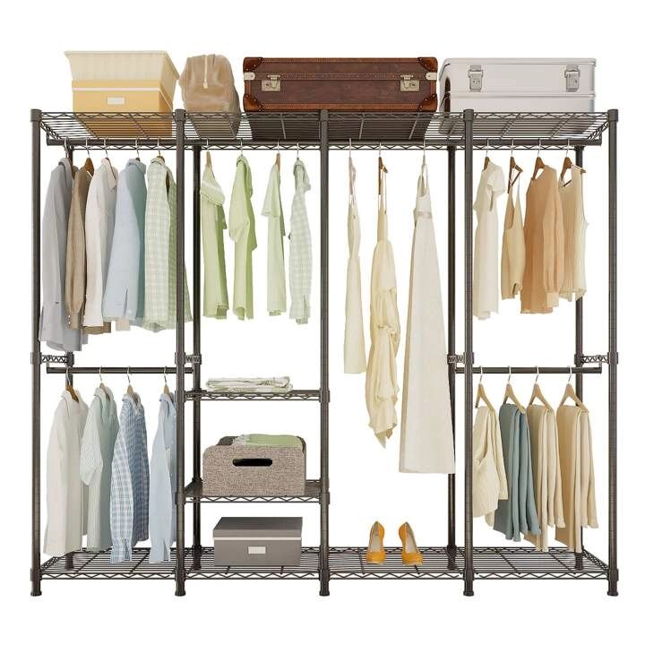 Freestanding Closet Wardrobe,wire Garment Rack Heavy Duty Clothes Rack, Closet Organizer Metal Garment Rack Portable Clothes Hanger Home Shelf (5  Rows Of Hanging Bar Plus 7 Layers Of Shelves With 1 Row Of Throughout Wire Garment Rack Wardrobes (View 5 of 15)