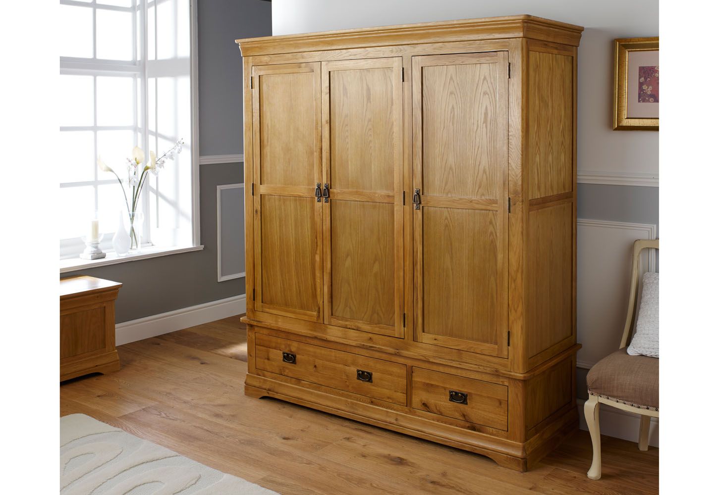 French Farmhouse Large Triple Oak Wardrobe – Free Delivery | Top Furniture Regarding Single Oak Wardrobes With Drawers (View 15 of 15)