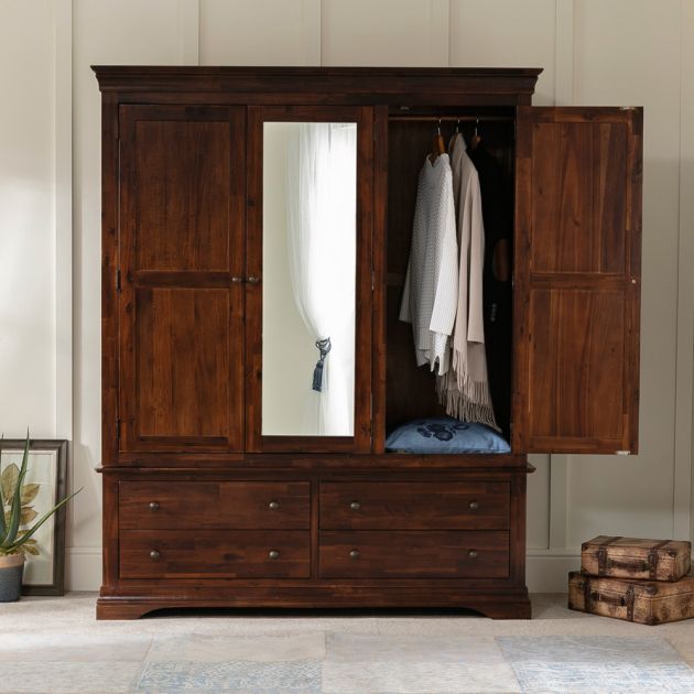 French Hardwood Mahogany Stained 3 Door Triple Wardrobe With Mirror | The  Furniture Market For Dark Wood Wardrobes With Mirror (Photo 1 of 15)