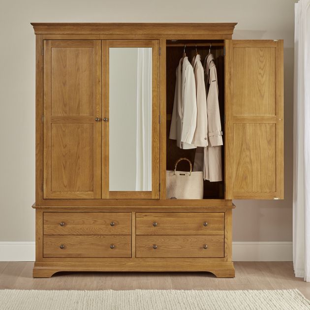 French Louis Oak 3 Door Triple Wardrobe With Mirror And 4 Drawers | The  Furniture Market For Wardrobes With Mirror And Drawers (View 12 of 15)