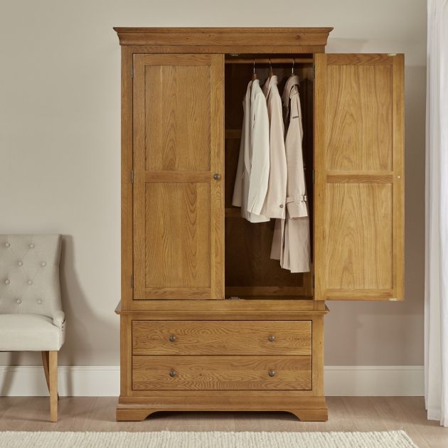 French Louis Oak Gents 2 Door Double Wardrobe With 2 Drawers | The Furniture  Market For Single Oak Wardrobes With Drawers (Photo 12 of 15)