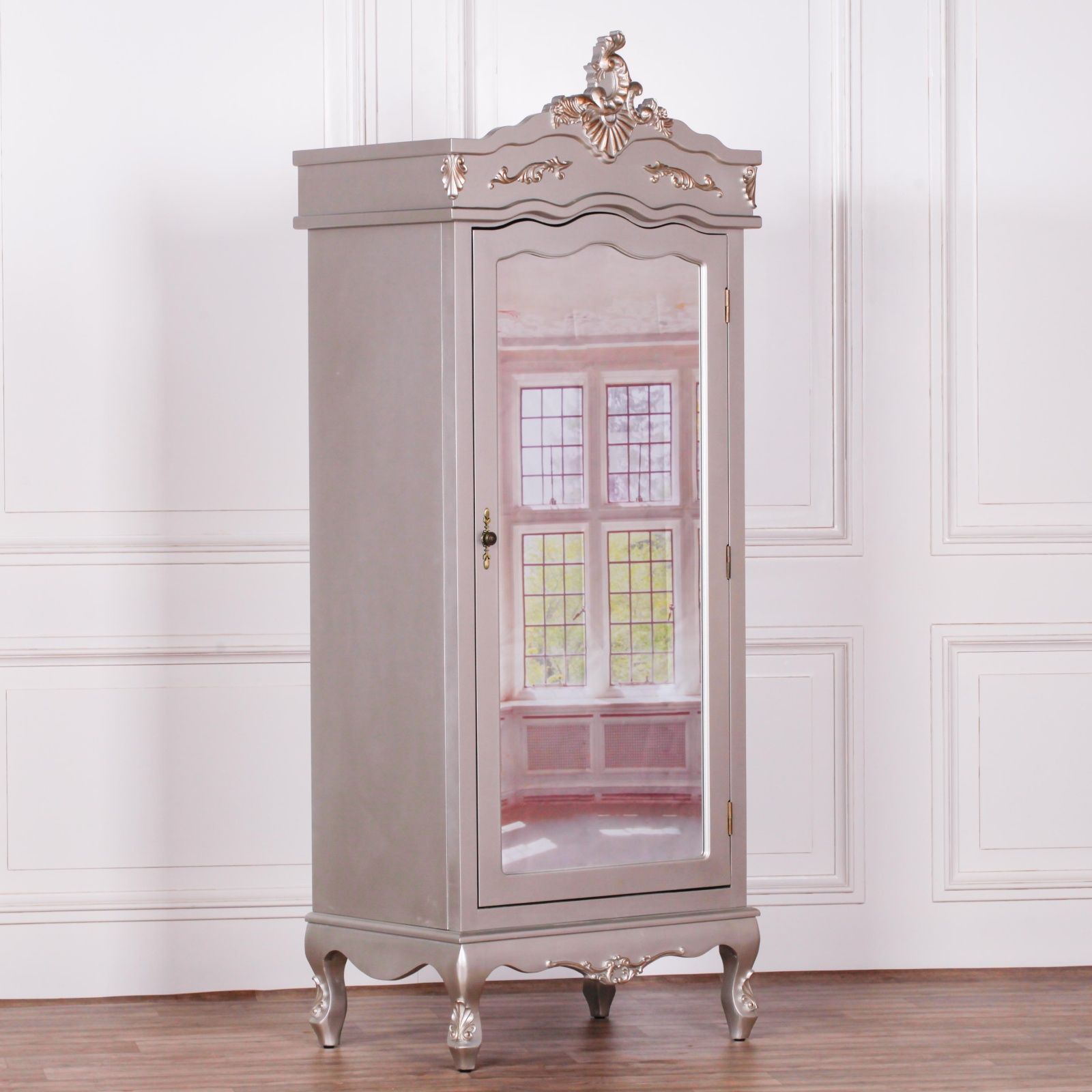 French Style Antique Silver Single Armoire Wardrobe Intended For Single French Wardrobes (Photo 8 of 15)
