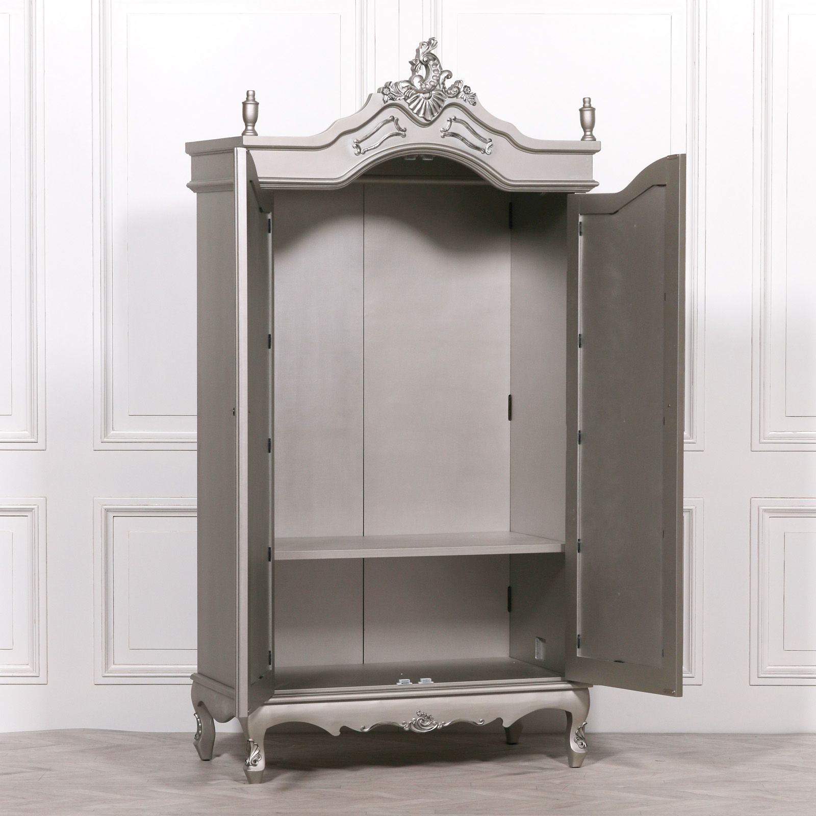 French Style Double Armoire Silver Wardrobe Mirrored Doors Pertaining To Silver French Wardrobes (Photo 5 of 15)