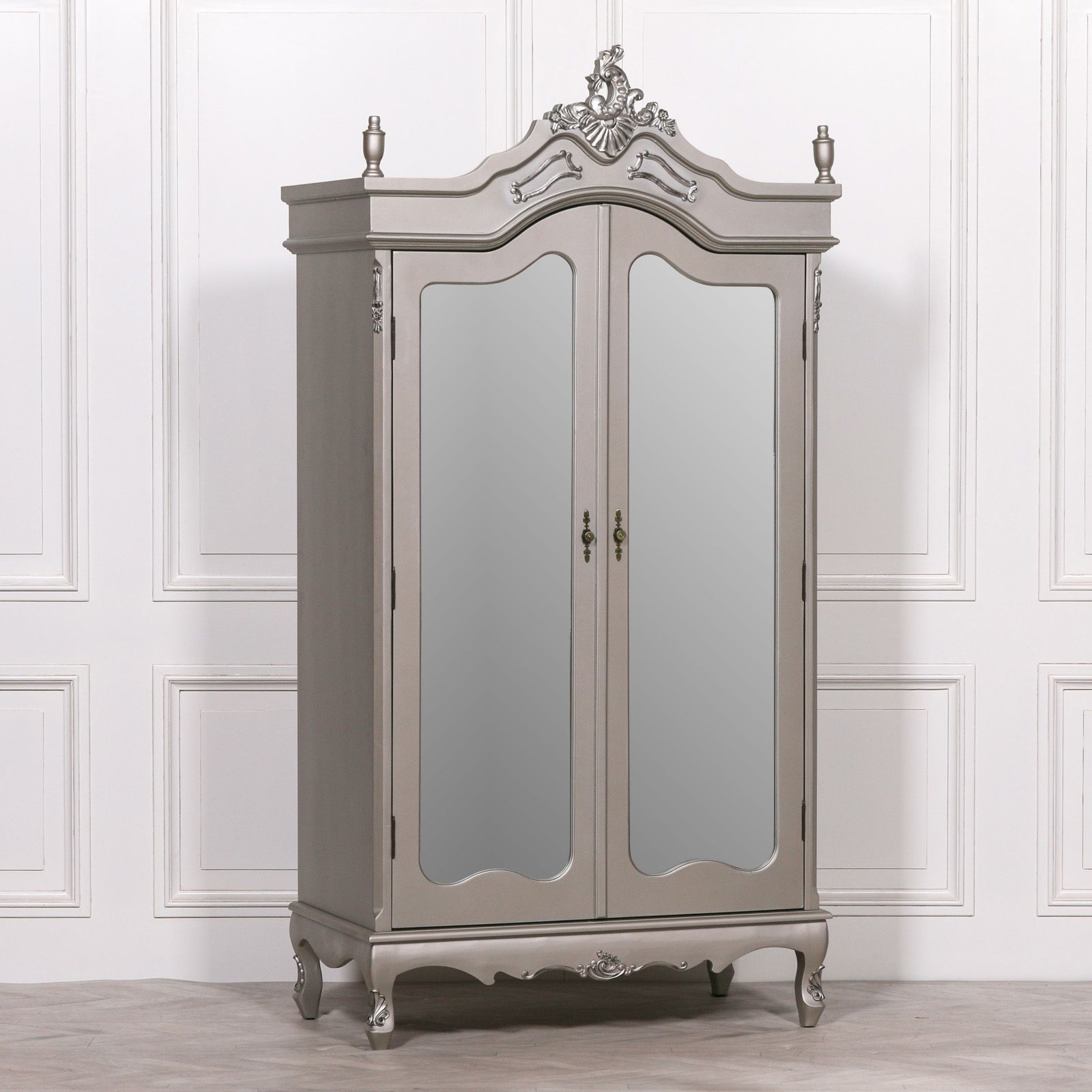 French Style Double Armoire Silver Wardrobe Mirrored Doors With Silver French Wardrobes (View 4 of 15)