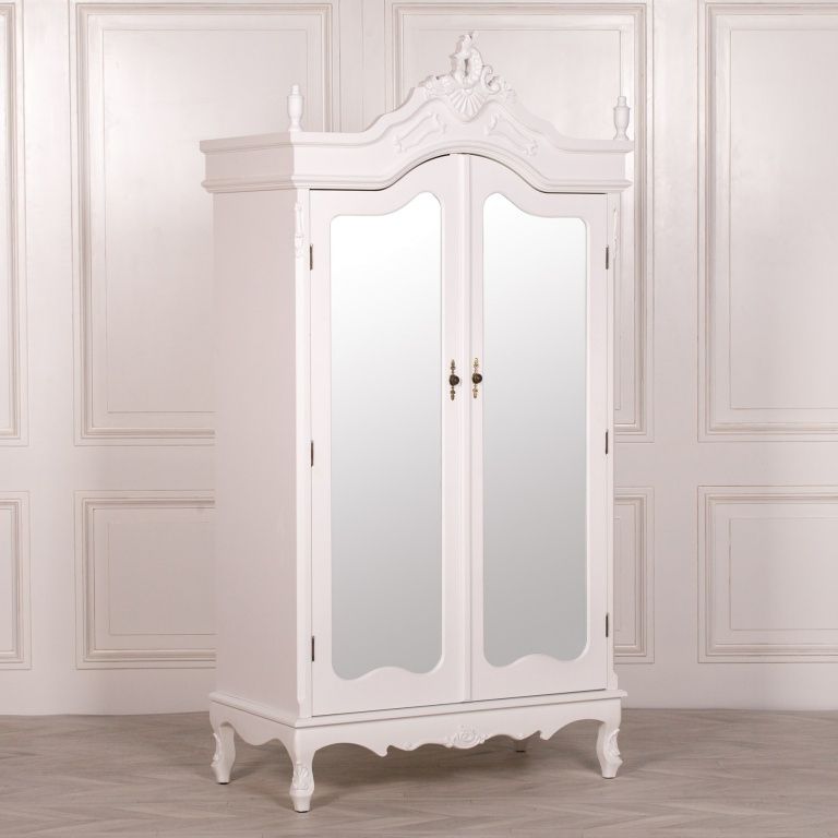French Style Wardrobe White Mirrored Double Armoire Pertaining To White Antique Wardrobes (View 13 of 15)