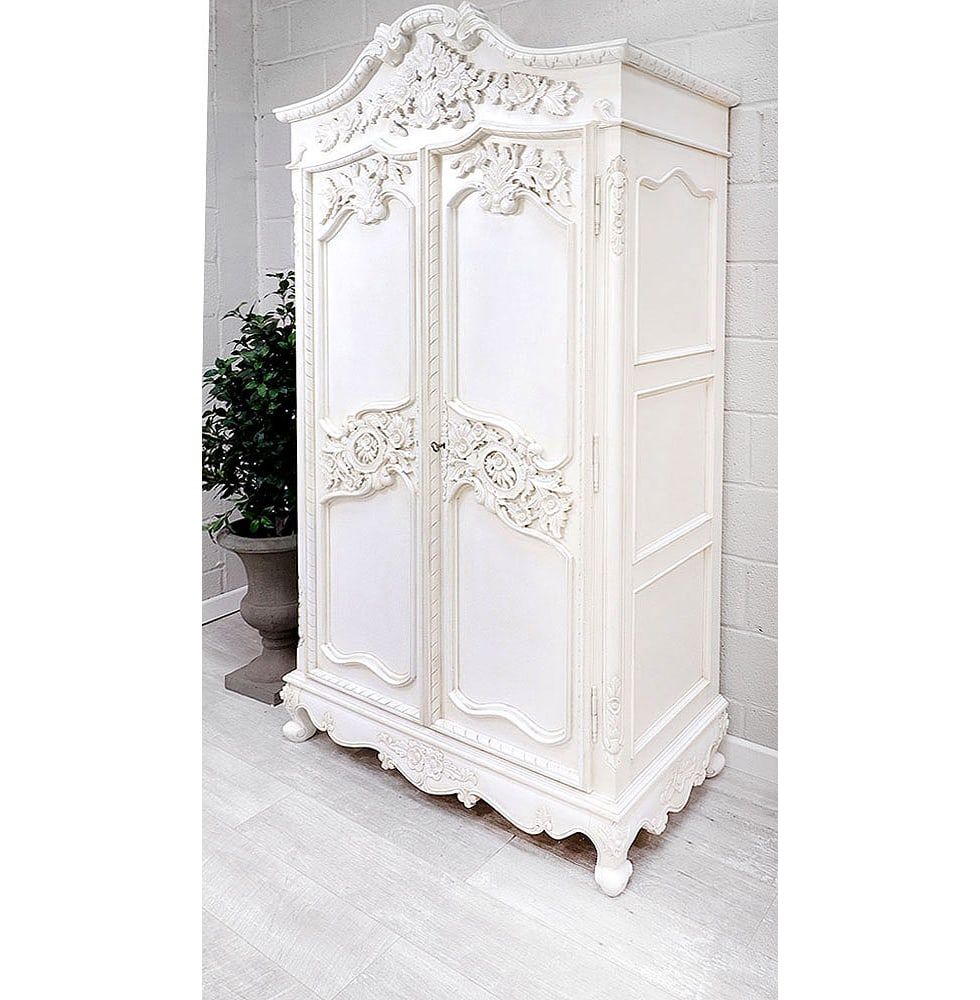 French Style White Heavy Carved Armoire Wardrobe | Nicky Cornell Inside French Armoires And Wardrobes (Photo 11 of 15)